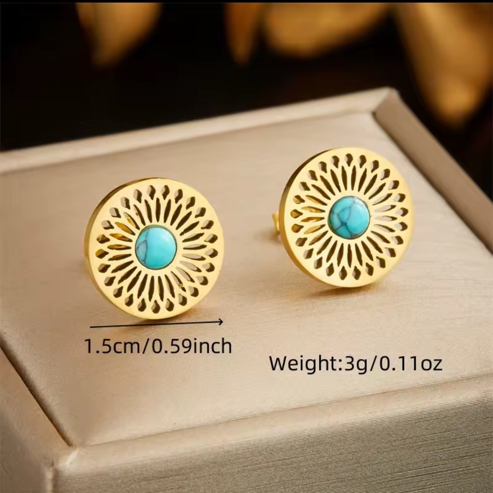 Boho Style Set  Stainless Steel Circular Retro 

Turquoise Golden Necklace - Picture 8 of 8